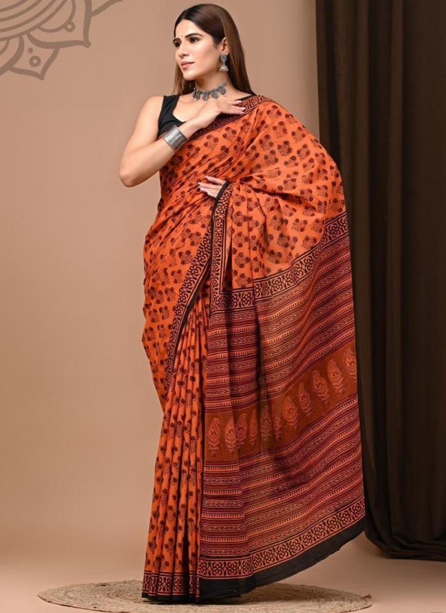 Cotton Mul Mul Orange Casual Wear Printed Saree